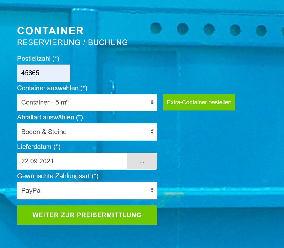Eingabemaske für Container-Bestellung bei HUISKES